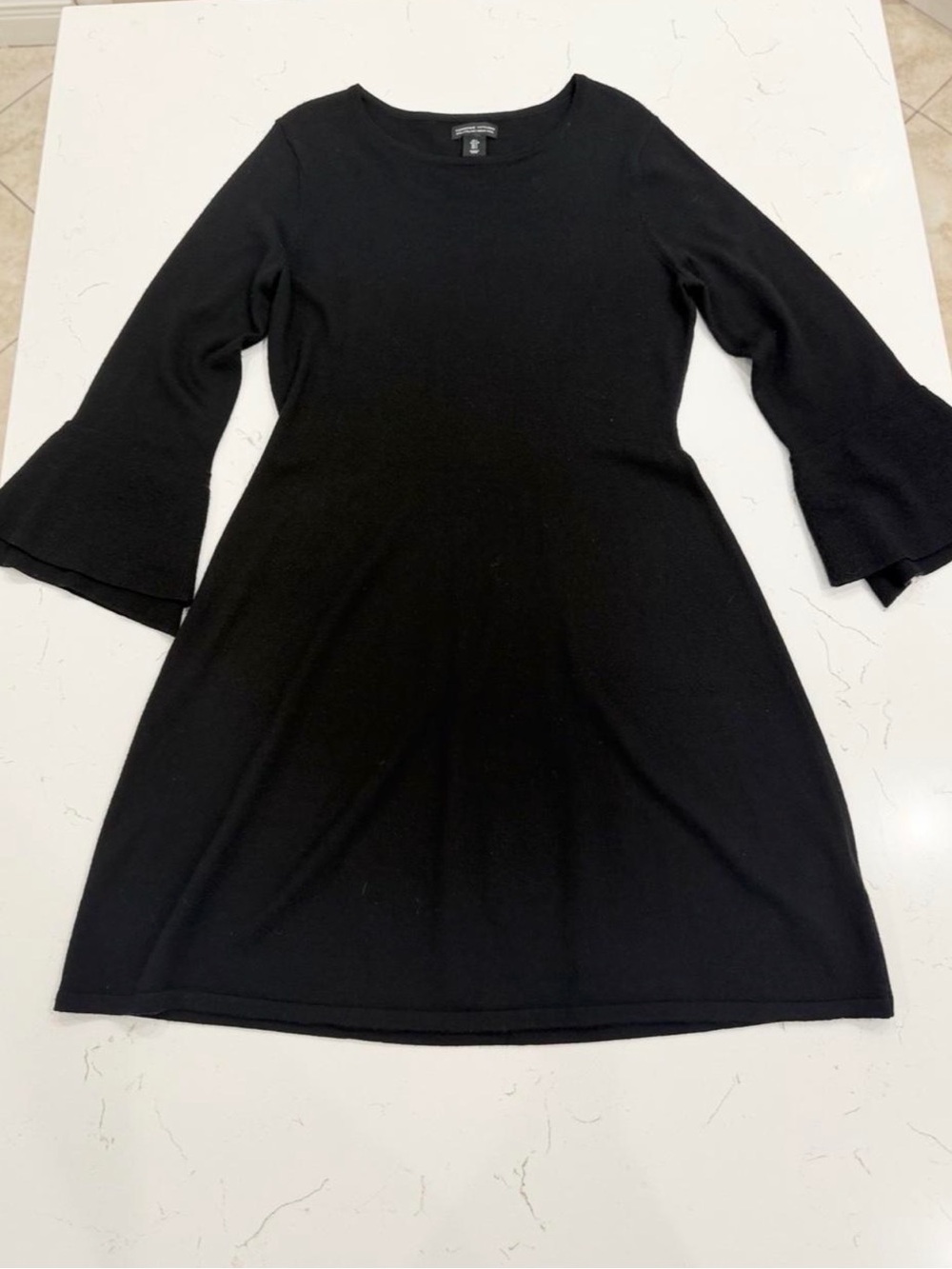Adrienne Vittadini 100% Merino Wool Black Bell Sleeve Dress